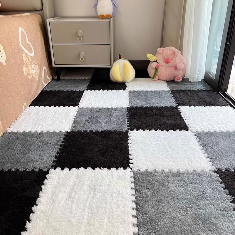 Typutomi 12pcs Plush Puzzle Foam Floor Mat, Cute Soft Fluffy Interlocking Square Foam Tiles Area Rugs Carpet for Parlor Bedroom Decor(11.8x11.8x0.4in, Grey&White&Black) - Image 5